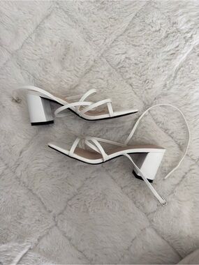 White strappy block heels